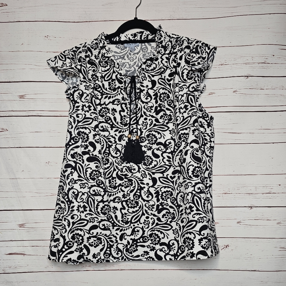 Floral & Ivy Black & White Paisley Tassel Tie Ruffle Sleeve Top